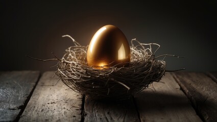 Golden Nest Egg on Rustic Wooden Surface - Investment Idea