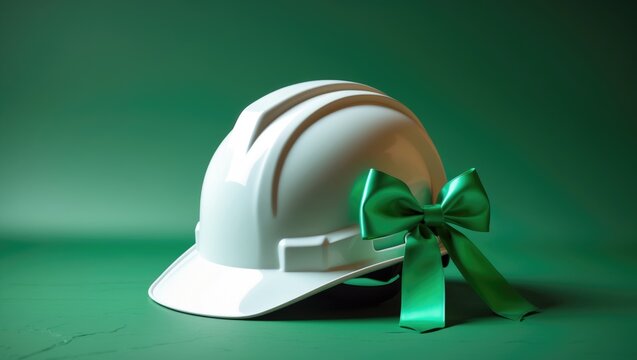 Green April, a month dedicated to raising awareness about workplace safety. Green ribbon and a white hardhat.