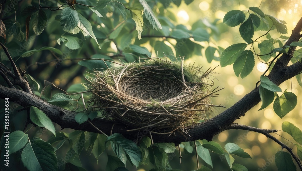 Poster an old bird's nest on a branch, constructed from scrap grass and twigs against a backdrop of leaves 