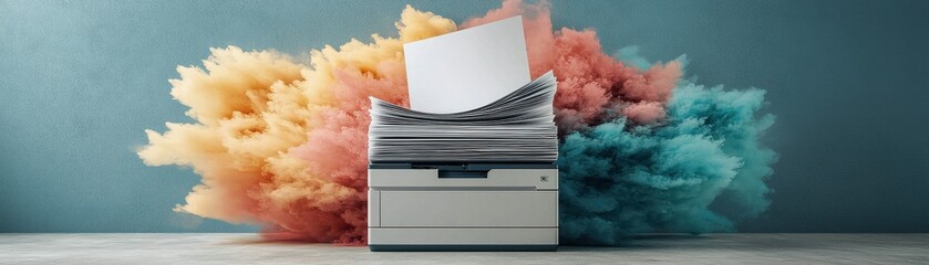Modern printer producing vibrant prints with colorful smoke in background.