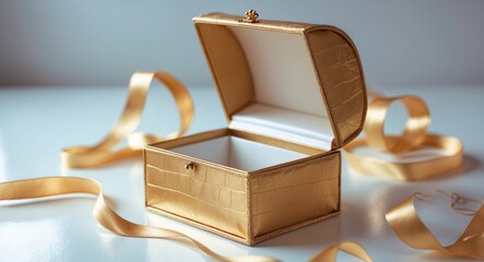 Gold gift box with ribbon opened and isolated on a white background.