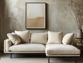 Modern sectional sofa with neutral colors and decorative artwork