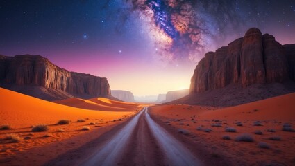 Obraz premium Stunning view of the desert, The Valley of the Moon. Orange sand, Milky Way sky. Sunset wallpaper. Explore the beauty of the Earth. National park outdoor landscape.