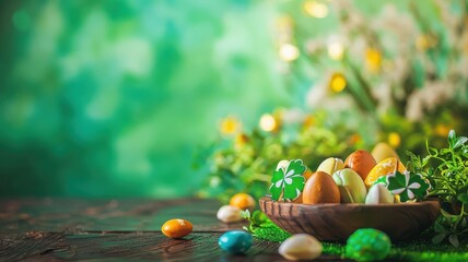 A festive St. Patrick's Day background with lucky green shamrocks, gold coins, and sparkling bokeh lights, with copy space for a message.