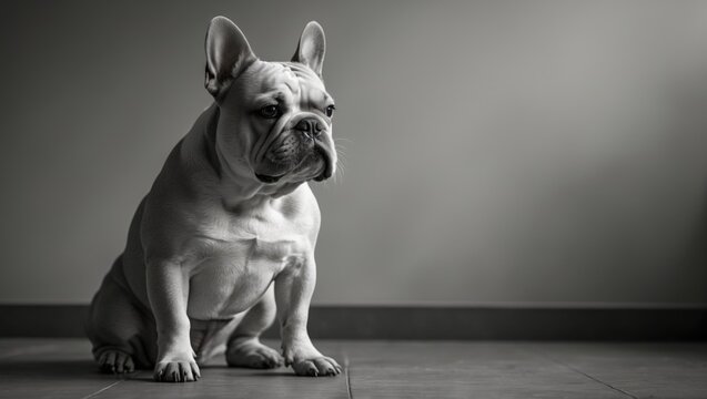 A grayscale image of a bulldog sitting on the floor and looking resentfully aside.