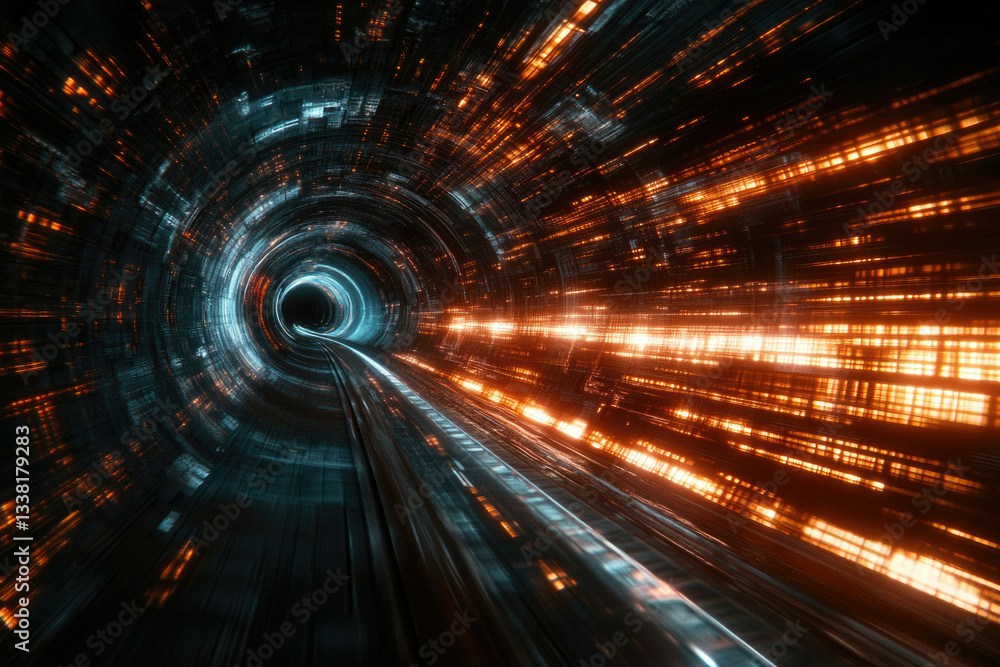 Poster high-speed journey through a futuristic, glowing tunnel filled with data streams and vibrant colors.