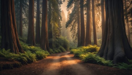 Obraz premium A hiking trail meanders through a forest of Giant redwood trees in a park nearby.