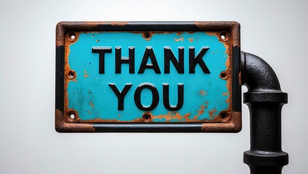 Aged blue plate displaying a thank you inscription, mounted on black iron with a white isolated background and a tilted composition.