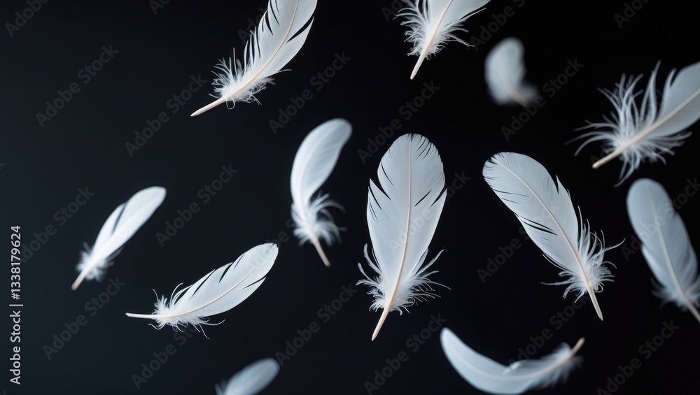 Poster abstract white bird feathers descending in the air. floating feathers. softness of feather against b