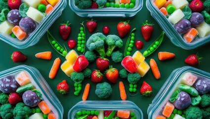 Food during winter, freezing fresh vegetables in summer inside the refrigerator, assorted frozen vegetables in plastic containers on a green background, with copy space.