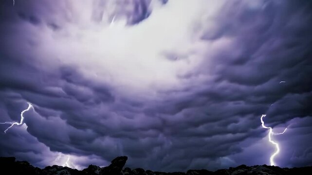 Dramatic thunderstorm with striking lightning bolts illuminating dark rolling clouds. 4k stock footage