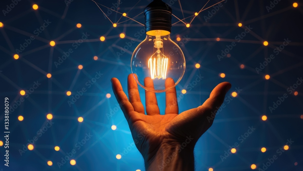 Aufkleber hand grasping light bulbs in an abstract setting with interconnected network lines.