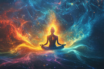 A meditating figure bathed in cosmic energy, a vibrant fusion of fire and nebulae, symbolizing inner peace and universal connection.