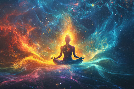 A meditating figure bathed in cosmic energy, a vibrant fusion of fire and nebulae, symbolizing inner peace and universal connection.