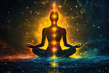 A silhouette meditating with vibrant energy centers aligned, cosmic background.