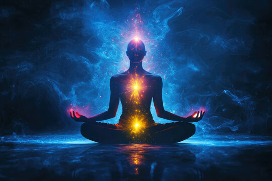 A person meditating, glowing with inner light and energy, surrounded by ethereal blue and orange smoke.