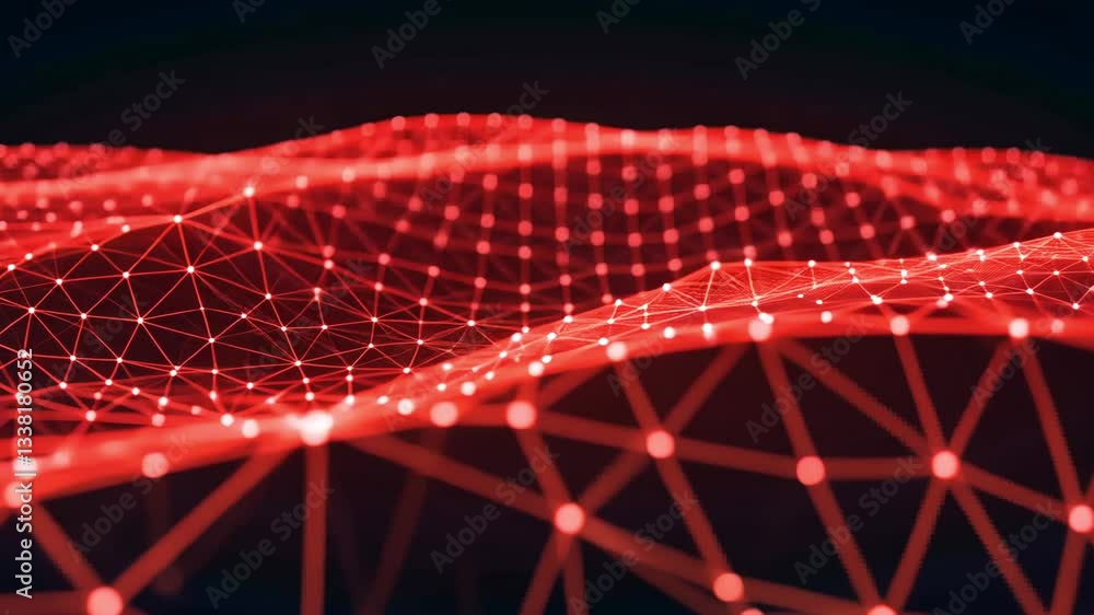 Poster a red network of connected dots and lines forming a wavy surface on a dark background view from abov