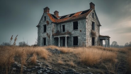 A big, old stone home with a sloped roof. The building is vacant and deserted. The sky is overcast and the grass is parched.