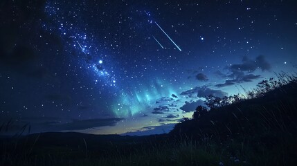 Enchanting Nightscape, A Celestial Dance of Shooting Stars and Milky Way