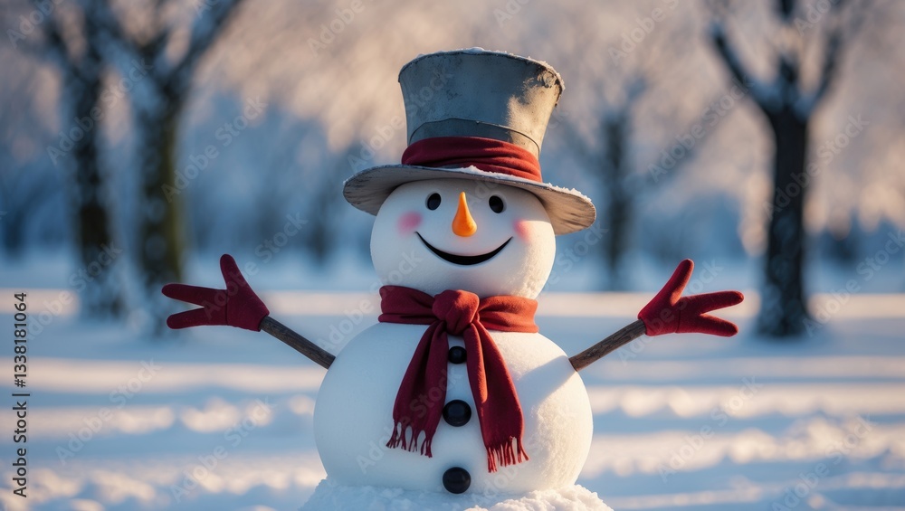 Poster a close-up image of a cheerful snowman