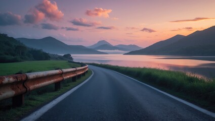 A photograph of the roadway adjacent to the dam featuring a sunset view.