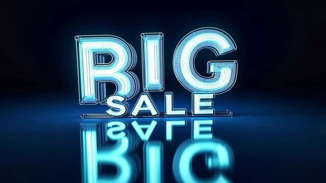 3D text "BIG SALE", simple clean background, futuristic font style, hologram effect, blue color theme, digital design, high resolution