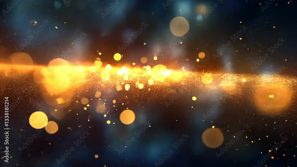 Poster an abstract image of shimmering golden light and particles against a dark blue background.