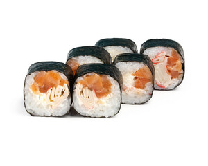Japanese maki roll with salmon and crab meat in nori, on white background, isolated.