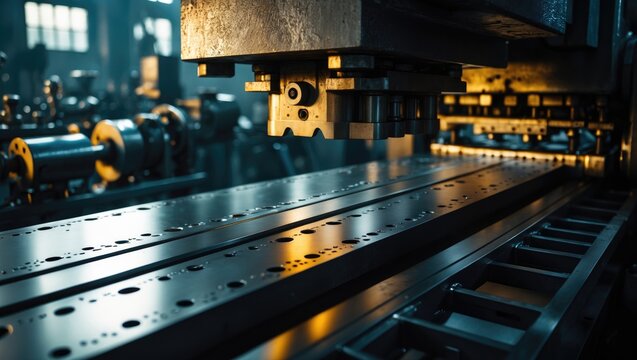 A large industrial punch press shaping sheet metal components. Close-up of a sheet metal stamping machine.