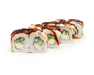 Japanese roll with eel, cheese and cucumber, on a white background, isolated.