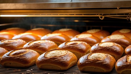 Golden brown loaves of freshly baked bread emerging from an industrial conveyor belt oven