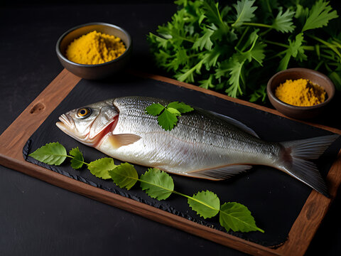 Raw uncooked Hilsa or terubok with mustard and green leaves on black board. A popular Bengali dish. National fish of Bangladesh. Padma ilish also famous in wast bangle. Tenualosa ilisha.