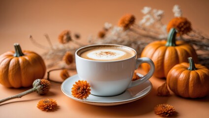 A cozy and inviting pumpkin spice latte served in an elegant ceramic mug, ideal for celebrating the warm season.