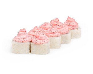 Japanese roll with cheese sauce and caviar, on a white background, isolated.