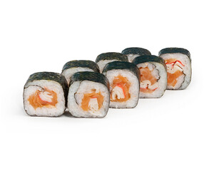 Japanese maki roll with salmon and crab meat in nori, on white background, isolated.