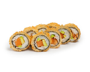 Japanese fried roll with salmon and avocado, on a white background, isolated.