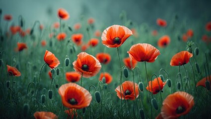 Obraz premium Gorgeous red poppies on a backdrop. Flowers blooming in a wild field of red poppies. Stunning field of red poppies with focused detail.