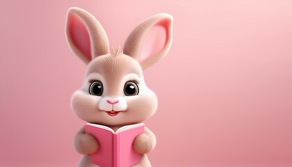 Obraz premium a cute cartoon bunny holding a pink book against a soft pink background