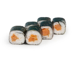 Japanese maki roll with salmon in nori, on white background, isolated.