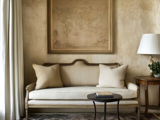 A living room area with a vintage couch and decor