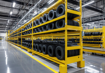 Fototapeta premium The facility features state-of-the-art equipment and neatly organized racks holding a wide variety of finished tires ready for distribution