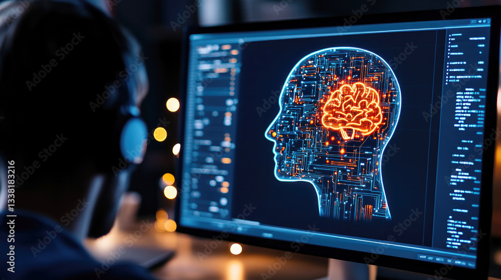 Fototapete mid range shot of a graphic designer at work with computer displaying digital brain interface for in