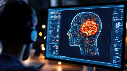 Mid range shot of a graphic designer at work with computer displaying digital brain interface for innovative technology concepts in modern workspace