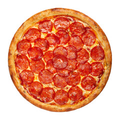 Pizza Italian pepperoni, on a white background, top view, isolated.