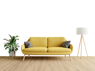 Modern and cozy living room with a yellow sofa and wooden floor