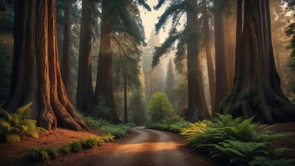 Obraz premium A hiking trail meanders through a forest of Giant redwood trees in the park nearby.