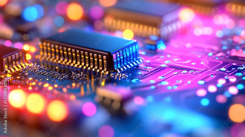 Poster close-up of microchip on circuit board with glowing lights and colors