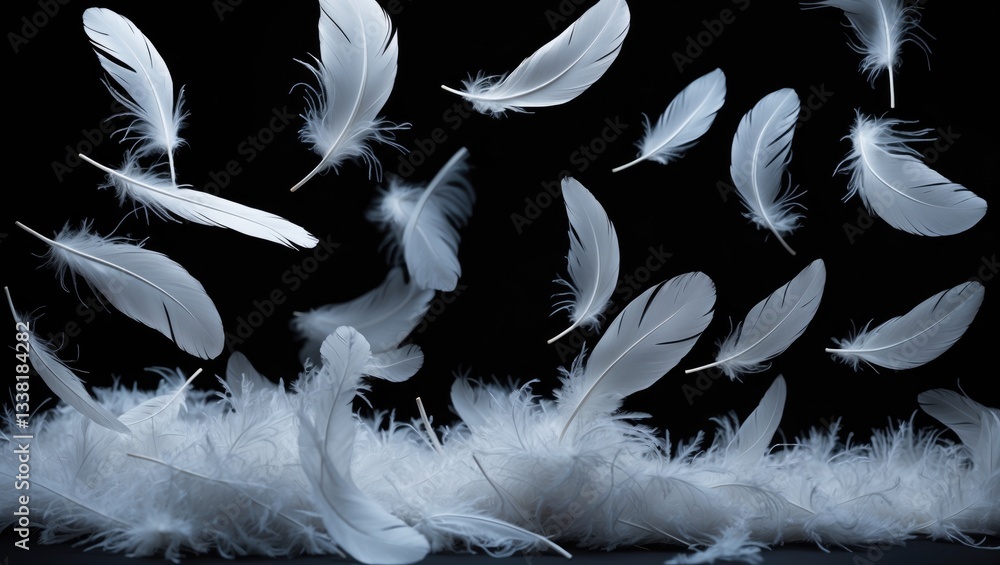 Poster abstract collection of white bird feathers floating in darkness. feathers on dark background.