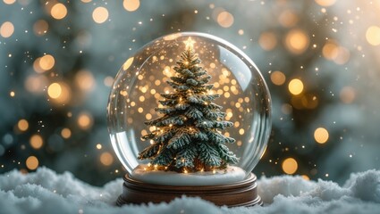 A hyper-realistic image of a tree within a snow globe.