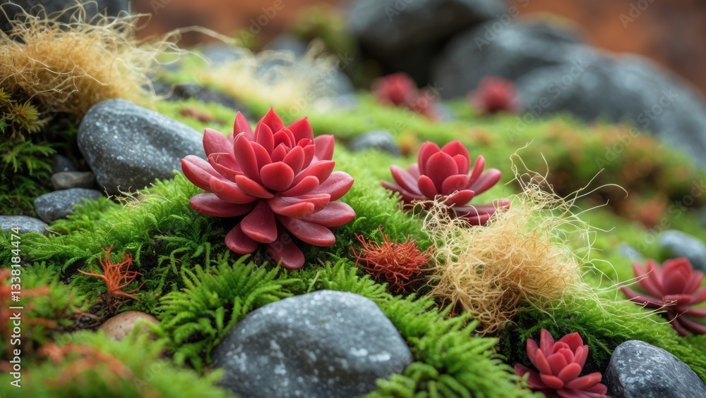 Poster a patch of moss with red plants. the setting is tranquil and calm, with the rock adding a sense of p